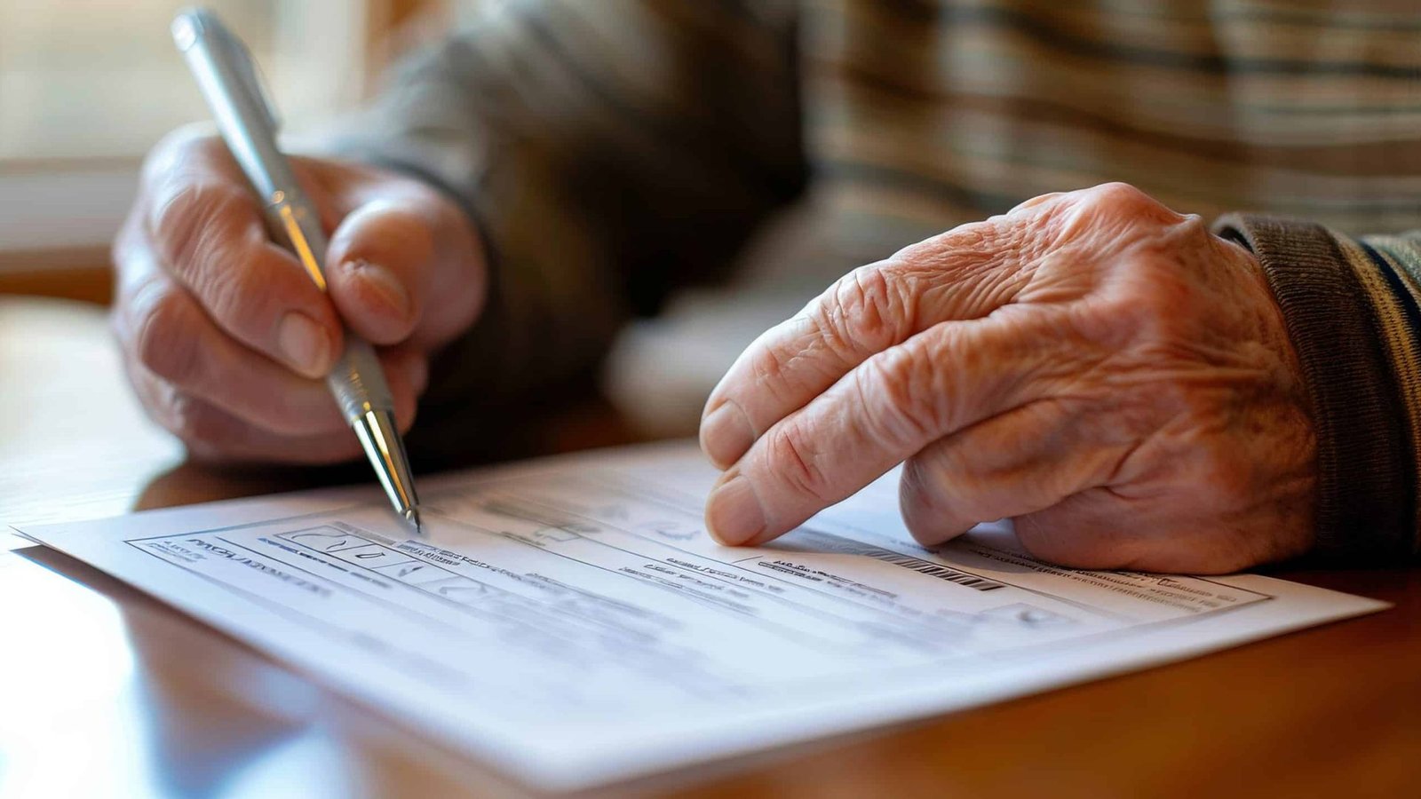 Person filling out a mail-in ballot at home, pen in hand and focused expression